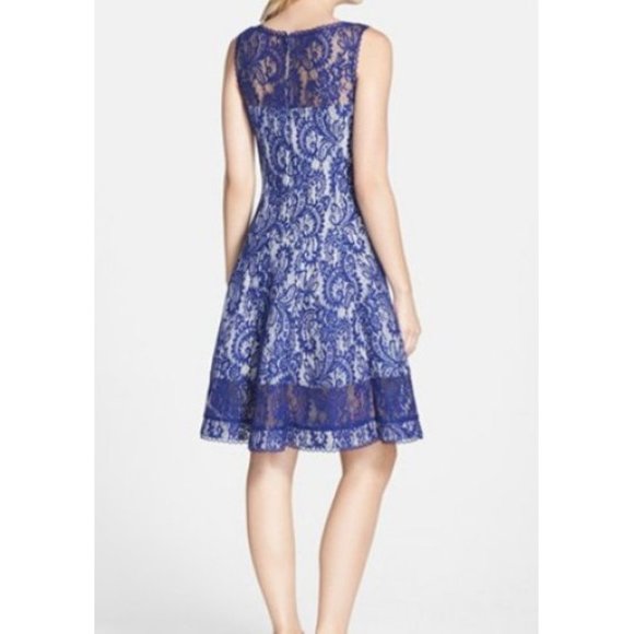 Womens Size XS Tadashi Shoji Blue Corded Lace Spacer Mesh Fit and Flare Dress - Picture 3 of 8